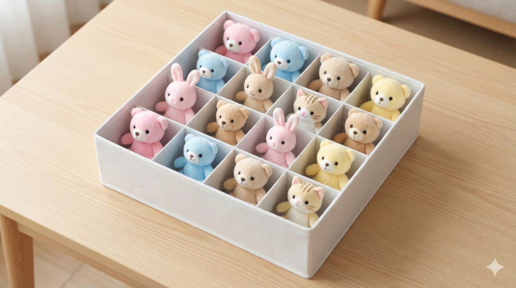 透明なフタが付いた白い仕切り付き収納ボックスに、小さなぬいぐるみを1マスに1体ずつ大量収納している様子。ほこりを防ぎながら中身が一目でわかる、ベッド下やクローゼット向けの「ぬい収納」実例アップ。