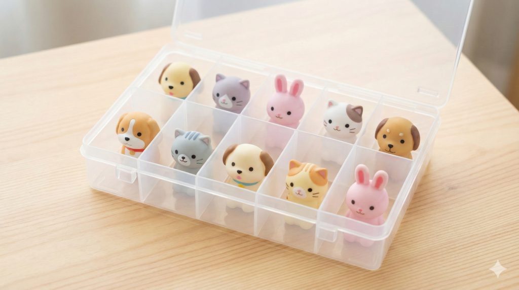 ダイソー・セリアの「SIKIRI 10 深型」にゆびわんこ10匹がシンデレラフィットした収納実例。1マスに1匹ずつ綺麗に収まり、専用ケースのようにジャストフィットしています。