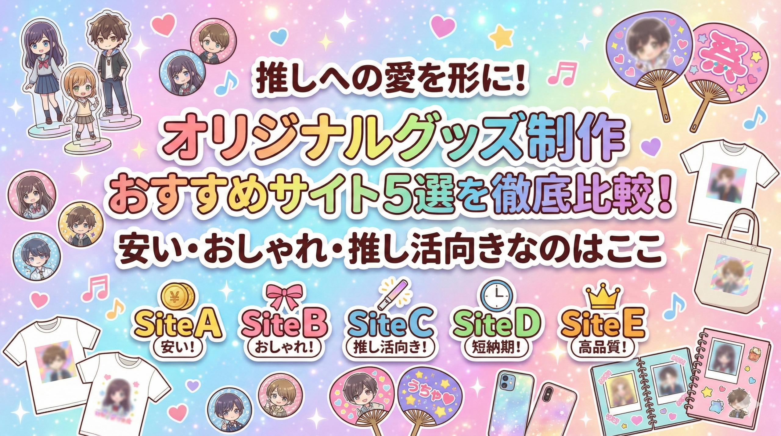 「推しへの愛を形に！オリジナルグッズ制作おすすめサイト5選を徹底比較！」というタイトルが入った記事のアイキャッチ画像。 全体的にくすみピンクやベージュ、ゴールドをあしらった、大人可愛く上品なデザイン。 「安い・おしゃれ・推し活向きなのはここ」というサブタイトルと共に、背景にはトートバッグやポーチなどのオリジナルグッズがおしゃれな線画イラストで描かれ、洗練された大人の推し活の雰囲気を表現している。