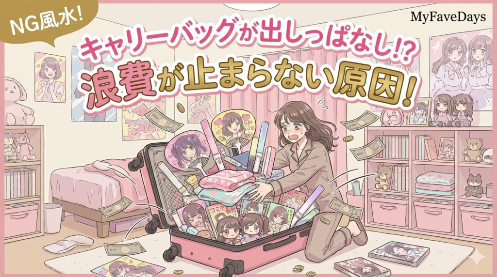 MyFaveDays風サムネイル。部屋に出しっぱなしにしたキャリーバッグの上に物が溢れ、お金が飛んでいく様子のイラスト。「NG風水！キャリーバッグが出しっぱなし！？浪費が止まらない原因！」というタイトル文字。