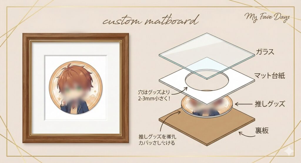 「【美術館風DIY②】余白こそ美学『特注風マット台紙』」の構造を説明する図解イラスト。左側には、コースターがマット台紙によって額装された完成品が示されている。右側には、ガラス、中央にグッズより小さく穴を開けたマット台紙、推しグッズ、裏板がどのように層になっているかを示す断面図と、「穴はグッズより2-3mm小さく！」「推しグッズを薄丸カバッさしなける」といった解説が記載されている。