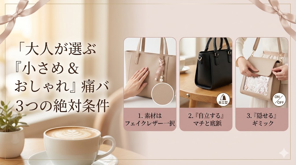 図解：大人が選ぶ「小さめ＆おしゃれ」痛バ3つの絶対条件。1.素材はフェイクレザー一択、2.自立するマチと底鋲、3.隠せるギミックの3点を写真付きで解説。
