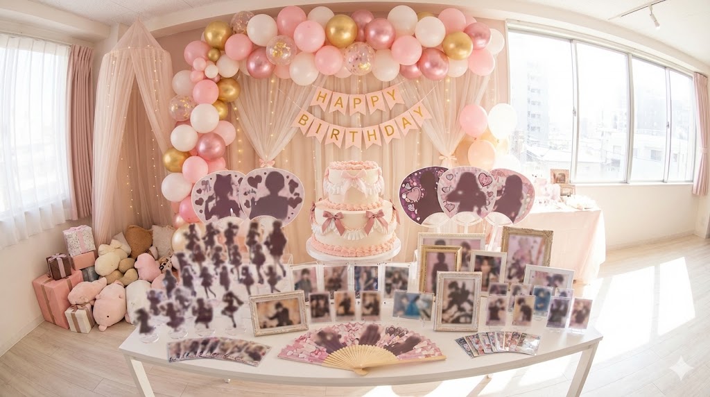 華やかに飾り付けられたレンタルスタジオで行う「本人不在の誕生日会」のイメージ。ピンクのバルーンやリボン、大量の推しグッズ（うちわやアクリルスタンド）で作られた豪華な祭壇と、中央に飾られた2段のバースデーケーキ。