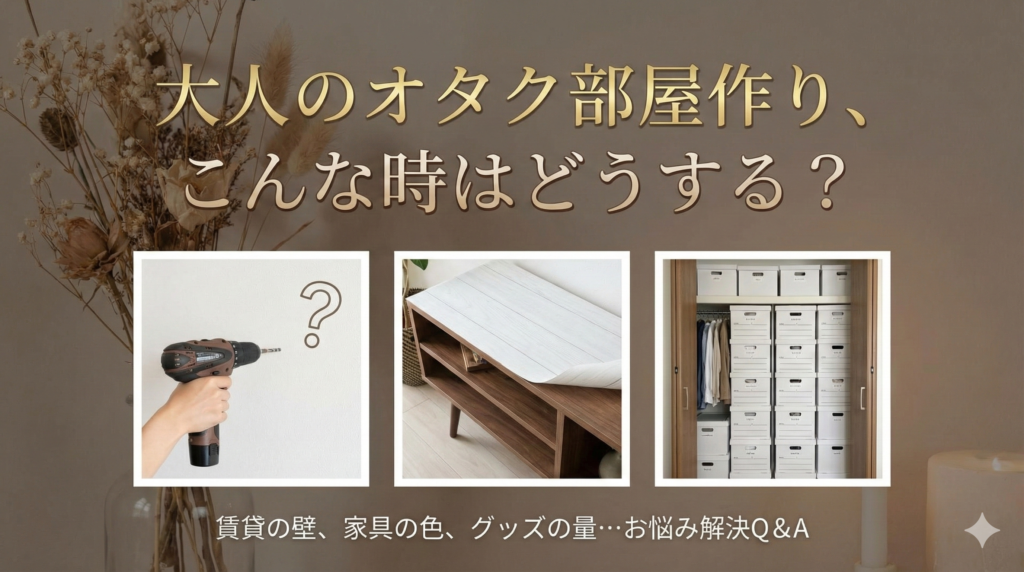 大人のオタク部屋作りQ&Aコーナーのアイキャッチ画像。「こんな時はどうする？」という見出しと共に、賃貸での壁面収納やグッズ整理の悩みを解決するセクション。MyFaveDaysらしい大人かわいいデザイン。