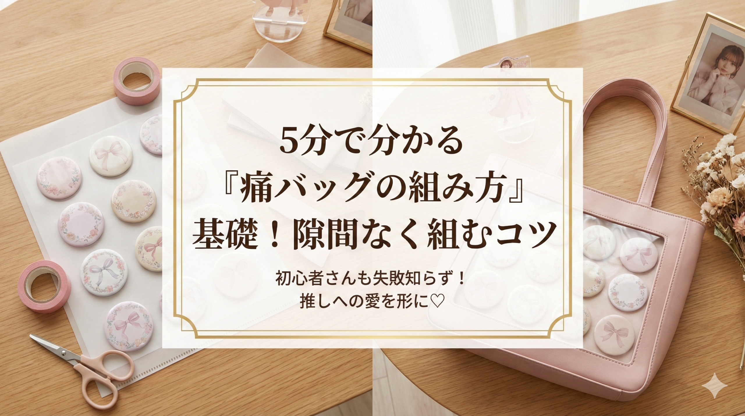 記事「5分で分かる『痛バッグの組み方』基礎！隙間なく組むコツ」のアイキャッチ画像。淡いピンクの痛バッグ本体と、きれいに並べられた推しの缶バッジ、制作に必要な土台シートや道具が配置された、大人かわいい雰囲気のイメージ。
