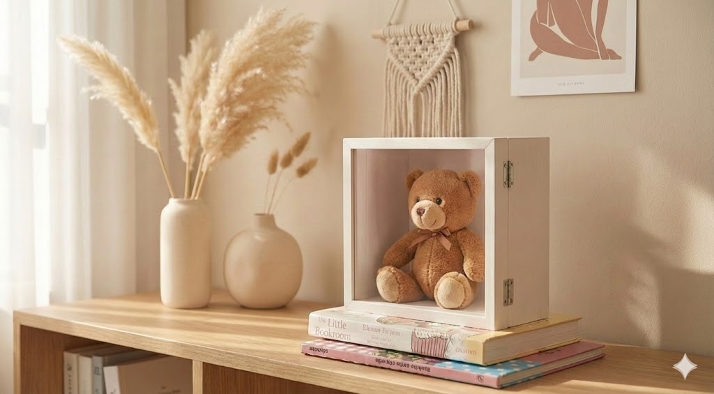 韓国インテリアでまとめたおしゃれな部屋の棚に、白い木製のディスプレイボックス（シャドーボックス）を使ってぬいぐるみを1体飾っている「見せる収納」の実例。パンパスグラスやマクラメと一緒にディスプレイされた、推し活コーナーの様子。