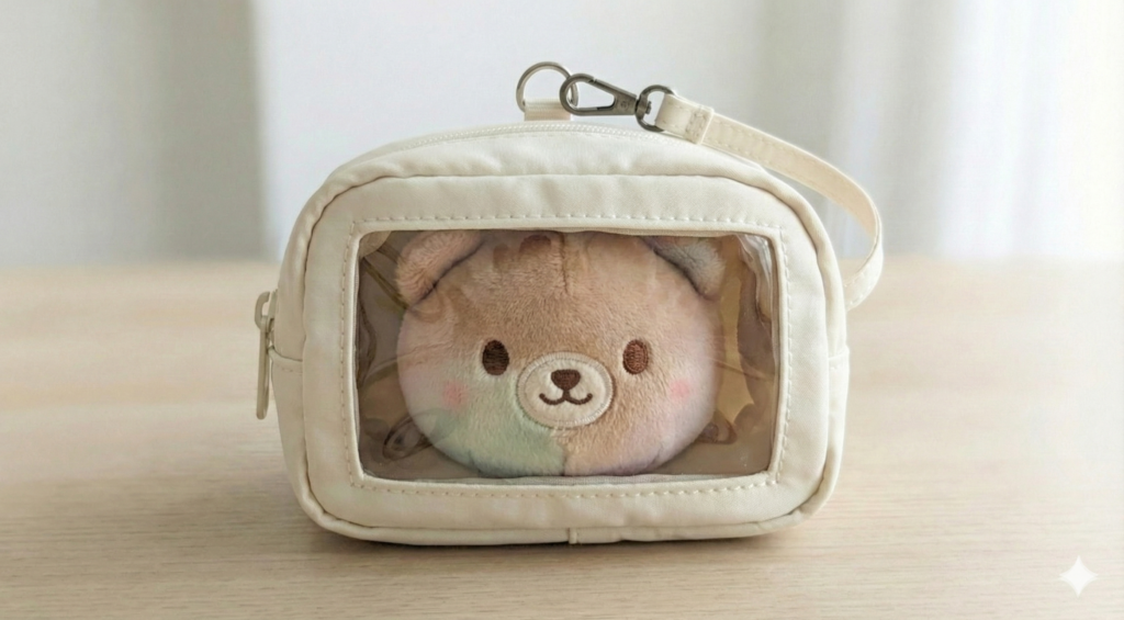 前面がクリア窓になった白い縦型推し活ポーチに、ぬいぐるみを1体収納した実例。透明なビニール面から推しの顔がはっきりと見え、持ち運びに便利なストラップ付きウィンドウポーチの使用イメージ。