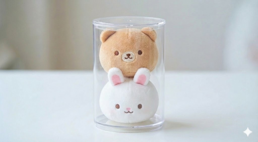 無印良品のアクリル円筒ケースにおまんじゅうマスコットを縦に積み上げて収納している様子。推し活グッズの見せる収納アイデア。