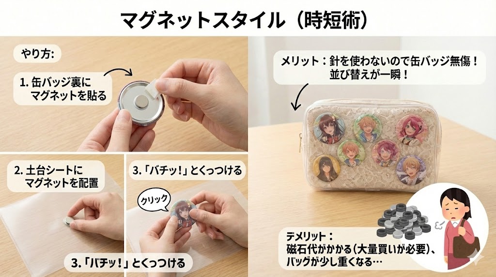 MyFaveDaysブログ記事「痛バの土台（シート）完全ガイド」の図解。缶バッジの裏と土台に強力マグネットを仕込み、針を使わずに「パチッ」とくっつけるだけの「マグネット活用術」をイラスト化しています。「イベント当日の朝5分で組める」「グッズ交換ですぐ替えられる」というメリットを、魔法のように一瞬で装着できる様子で表現しています。
