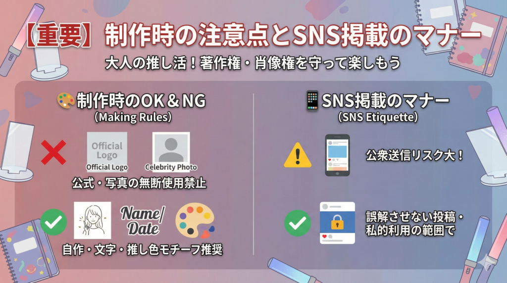 「【重要】制作時の注意点とSNS掲載のマナー」というタイトルと、「大人の推し活！著作権・肖像権を守って楽しもう」というサブタイトルが入った横長の記事サムネイル画像。

左右に分割されたレイアウトで、左側には「制作時のOK&NG」として公式ロゴや写真の無断使用禁止（NG）と、自作・文字・推し色モチーフの推奨（OK）が示されている。右側には「SNS掲載のマナー」として、公衆送信のリスクへの警告や、誤解させない投稿・私的利用の範囲を守ることの重要性が、スマートフォンやパレットのアイコンと共に図解されている。

背景は推し活をイメージした淡いピンクとブルーのグラデーションで、ペンライトやアクリルスタンドケース、手帳などのアイテムのイラストが周囲にあしらわれている。