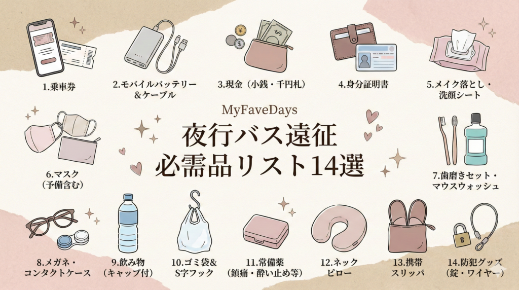 夜行バス遠征の必需品リスト14選のまとめイラスト画像。MyFaveDays作成。以下の持ち物が描かれている。1.乗車券、2.モバイルバッテリー＆ケーブル、3.現金（小銭・千円札）、4.身分証明書、5.メイク落とし・洗顔シート、6.マスク、7.歯磨きセット、8.メガネ・コンタクトケース、9.飲み物、10.ゴミ袋＆S字フック、11.常備薬、12.ネックピロー、13.携帯スリッパ、14.防犯グッズ（錠・ワイヤー）。