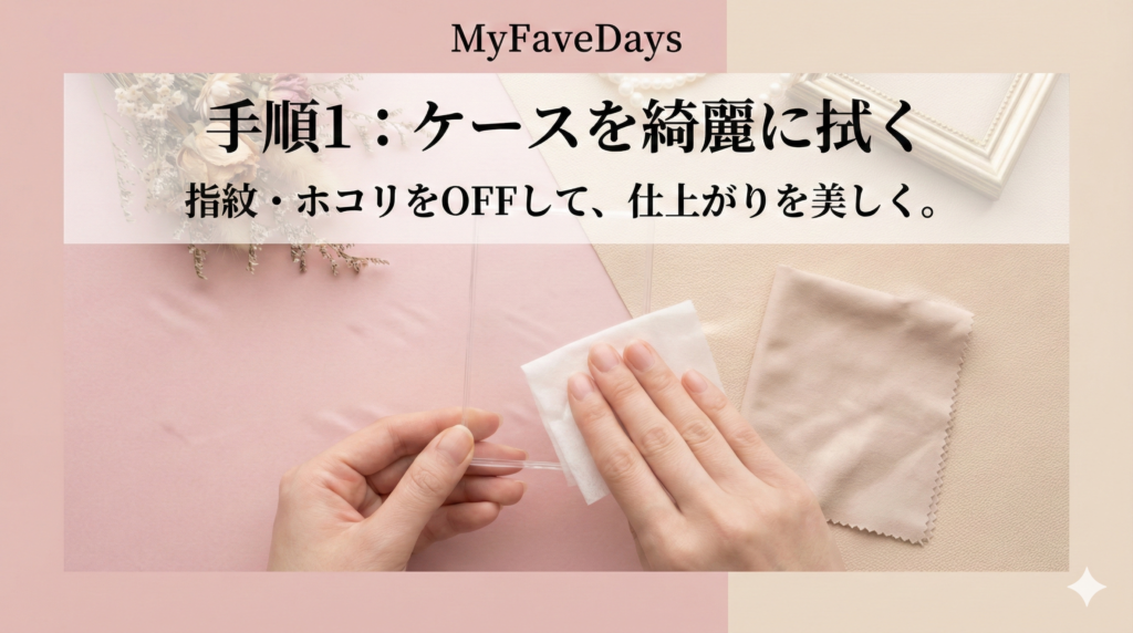 硬質ケースデコの手順1解説画像。透明なケースを布で拭いて汚れを取る手元。「手順1：ケースを綺麗に拭く。指紋・ホコリをOFFして、仕上がりを美しく。」というテキストが記載されている。
