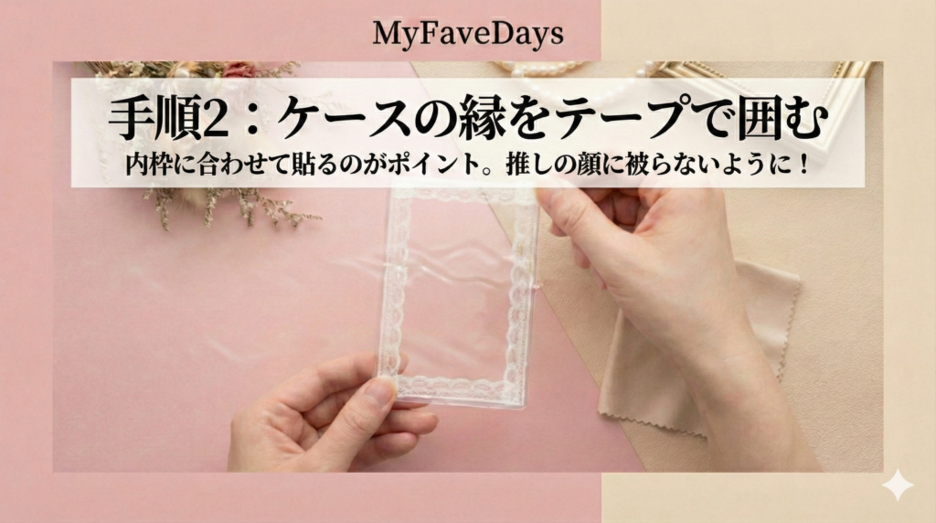 硬質ケースデコの手順2解説画像。ケースの縁に白いレーステープを貼っている手元のアップ。「手順2：ケースの縁をテープで囲む。内枠に合わせて貼るのがポイント。推しの顔に被らないように！」というテキストが記載されている。