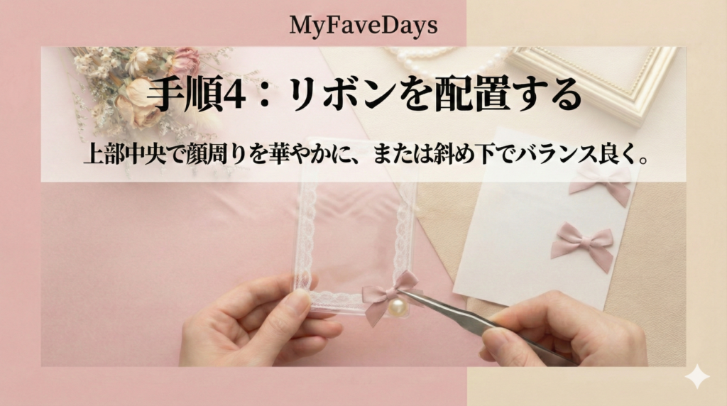 硬質ケースデコの手順4解説画像。ケースの角にリボンパーツを配置している手元のアップ。「手順4：リボンを配置する。上部中央で顔周りを華やかに、または斜め下でバランス良く。」というテキストが記載されている。
