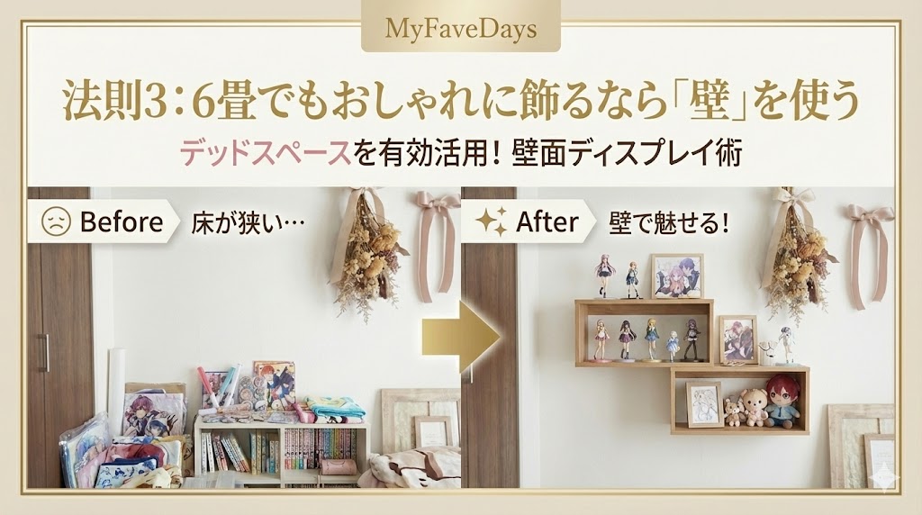 法則3：6畳でもおしゃれに飾るなら「壁」を使うのアイキャッチ画像。賃貸でもできる壁面収納テクニックで、ディスプレイと省スペースを両立する方法を解説。