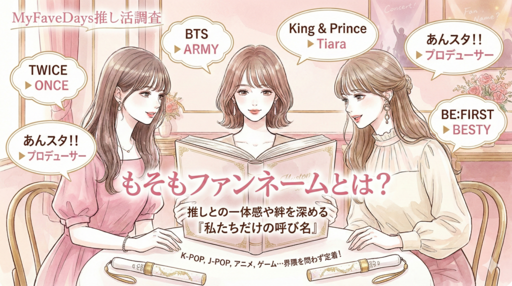 「そもそもファンネームとは？」という見出しの入った記事用画像。ピンクとベージュを基調とした大人可愛いカフェで、3人の女性が推し活について楽しげに語り合っているイラスト。ファンネームが持つ「推しとの一体感」についての解説や、BTSの「ARMY」、King & Princeの「Tiara」、あんさんぶるスターズ！！の「プロデューサー」といった代表的なファンネームの例が記載されている。