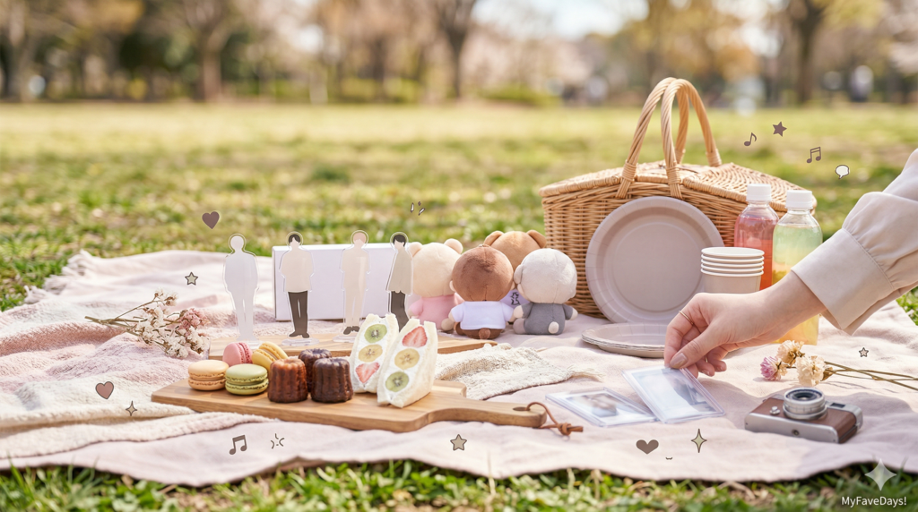 おしゃピクとは、レジャーシートの代わりに可愛い布を敷き、バスケットやおしゃれな食べ物を並べて写真映えを楽しむピクニックのこと。画像は、その空間に推しのアクリルスタンドや後ろ姿のぬいぐるみを並べた大人かわいい「推しピク」の風景です。芝生の上には淡いピンクのマルチカバーが敷かれ、木製ボードに乗ったフルーツサンドやマカロン、クリアボトルに入ったドリンクと共に、推しグッズが上品に並べられています。