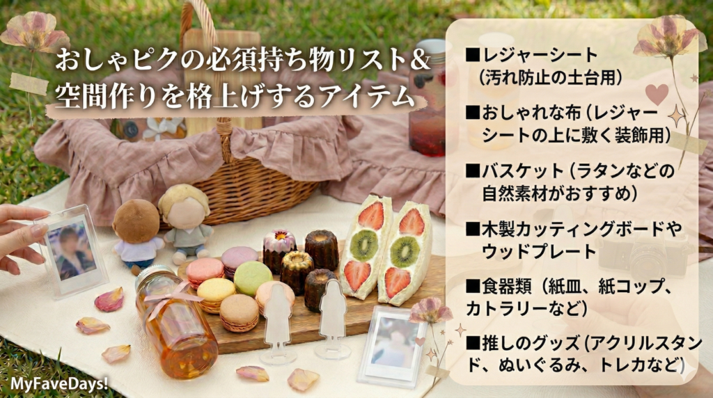 おしゃピクの必須持ち物リスト
レジャーシート（汚れ防止の土台用） 

おしゃれな布（レジャーシートの上に敷く装飾用） 

バスケット（ラタンなどの自然素材がおすすめ） 

木製カッティングボードやウッドプレート 

食器類（くすみカラーの紙皿、紙コップ、カトラリーなど） 

推しのグッズ（アクリルスタンド、ぬいぐるみ、トレカなど） 

ウェットティッシュやゴミ袋