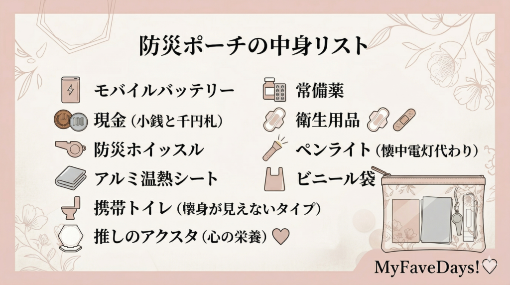 淡いピンク色のボタニカル柄の背景に、防災ポーチの中身をまとめたイラストリスト。モバイルバッテリー、現金、防災ホイッスル、アルミ温熱シート、中身が見えないタイプの携帯トイレ、推しのアクスタ、常備薬、衛生用品、懐中電灯代わりのペンライト、ビニール袋、そしてそれらを収納する透明ポーチの可愛らしいアイコンが並んでいます。