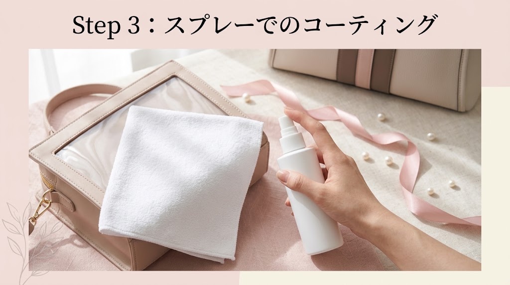 バッグの透明窓部分を白いタオルで覆い隠し、20センチほど離れた位置からスプレーボトルを構えている手元の写真。ボトルのラベルは無地のデザイン